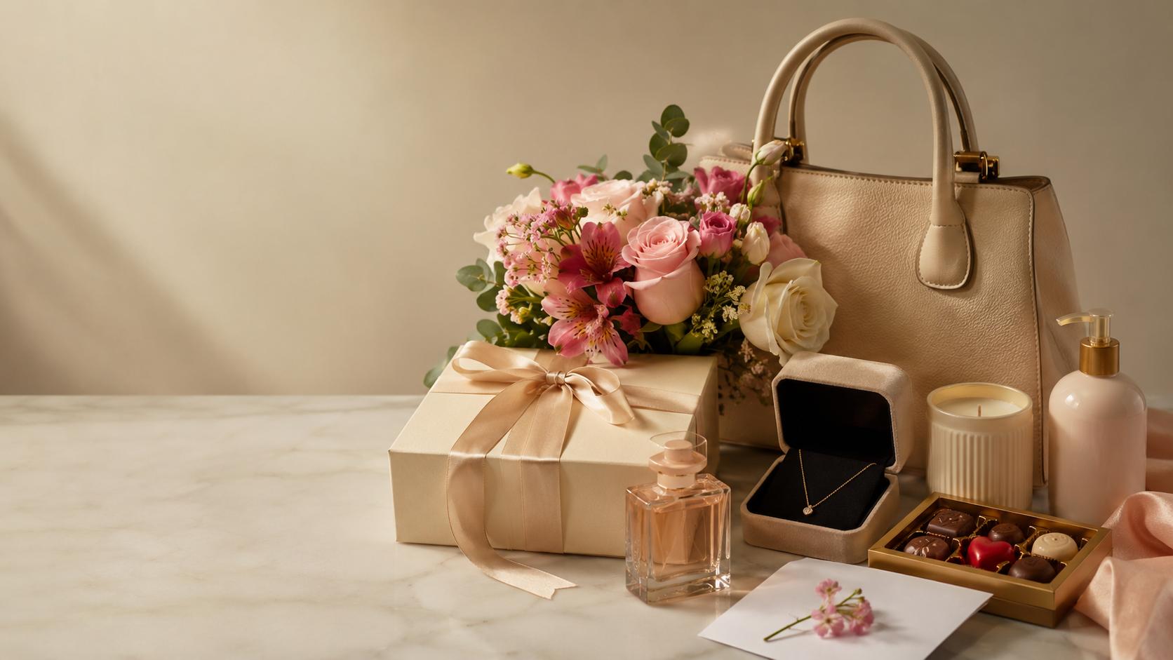 Elegant gift arrangement for a girlfriend or wife in Nigeria with flowers, handbag, perfume, jewelry, chocolates, candle, and wrapped gift box.