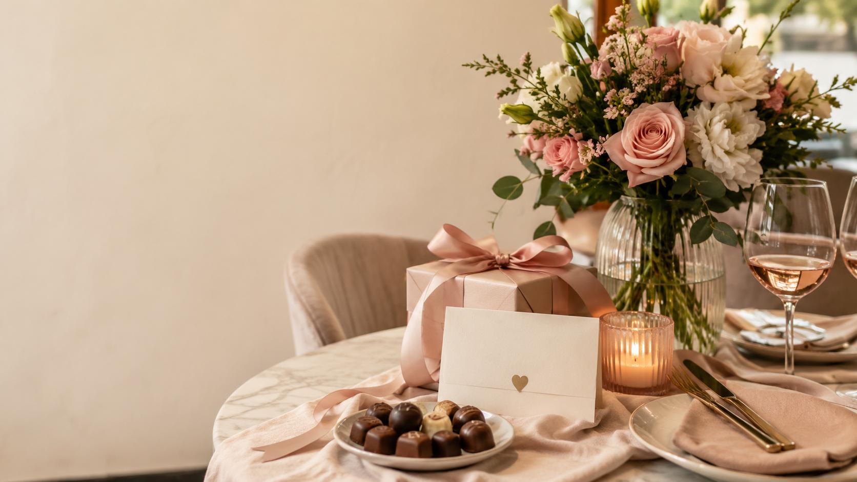 Romantic National Girlfriend Day table setup with flowers, wrapped gift box, greeting card, chocolates, candle, and elegant dinner setting.