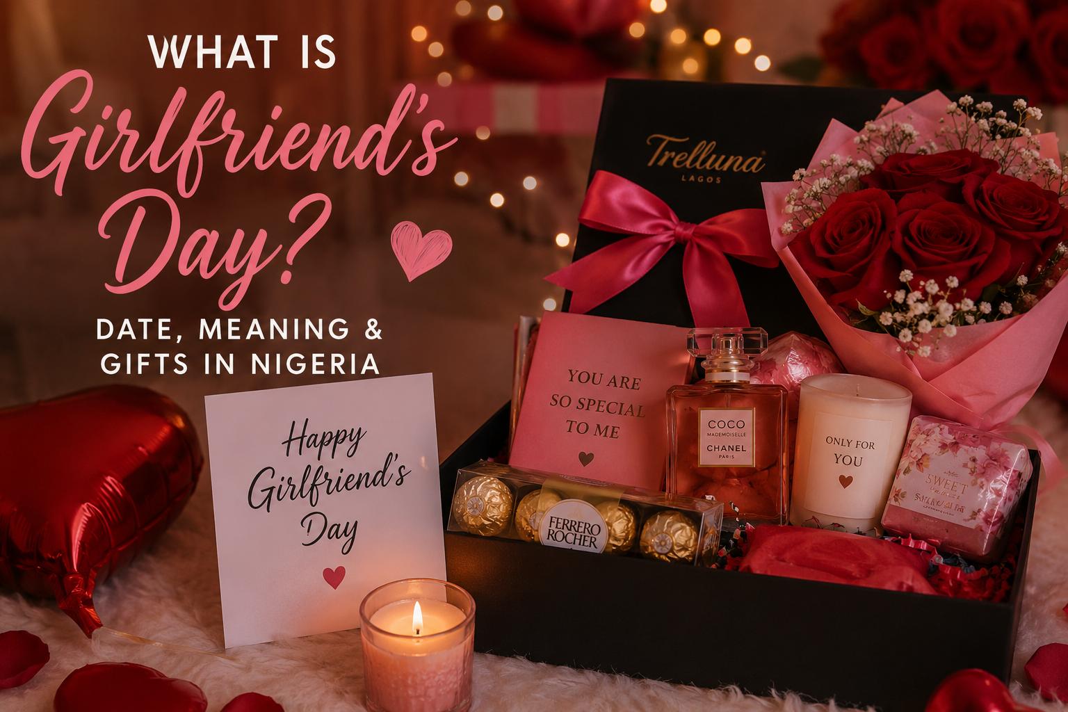 Romantic Girlfriend’s Day gift setup in Nigeria with roses, gift box, perfume, chocolates, candle, and greeting card.