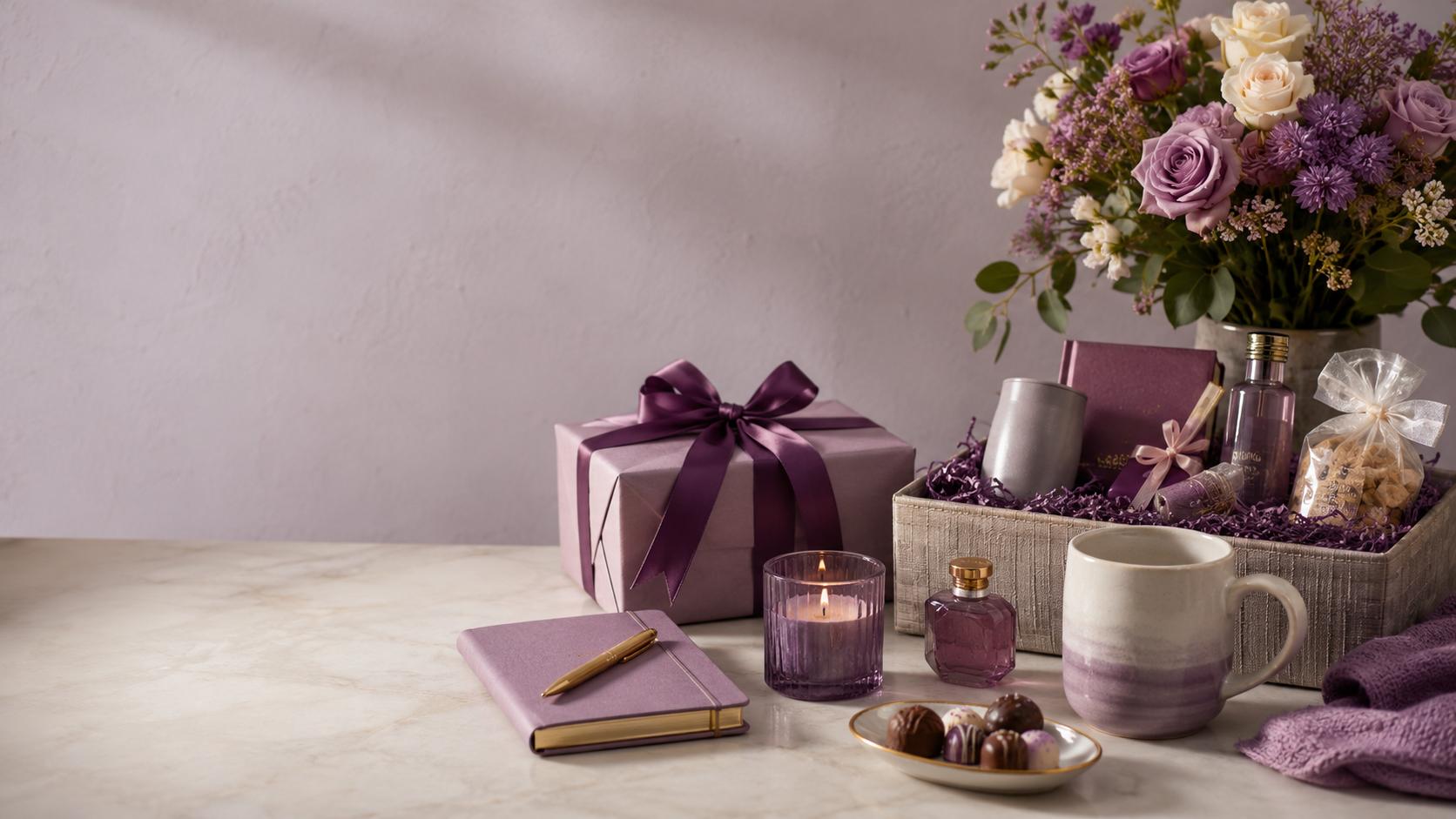 Purple-themed gift arrangement with flowers, wrapped gift box, hamper, candle, mug, journal, perfume, and chocolates for a Nigerian gift guide.