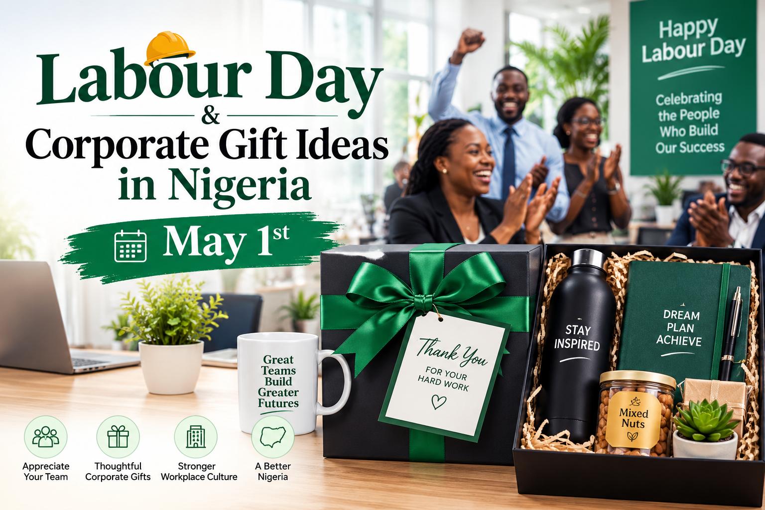 Office desk with gift boxes, team celebration, bright modern workspace