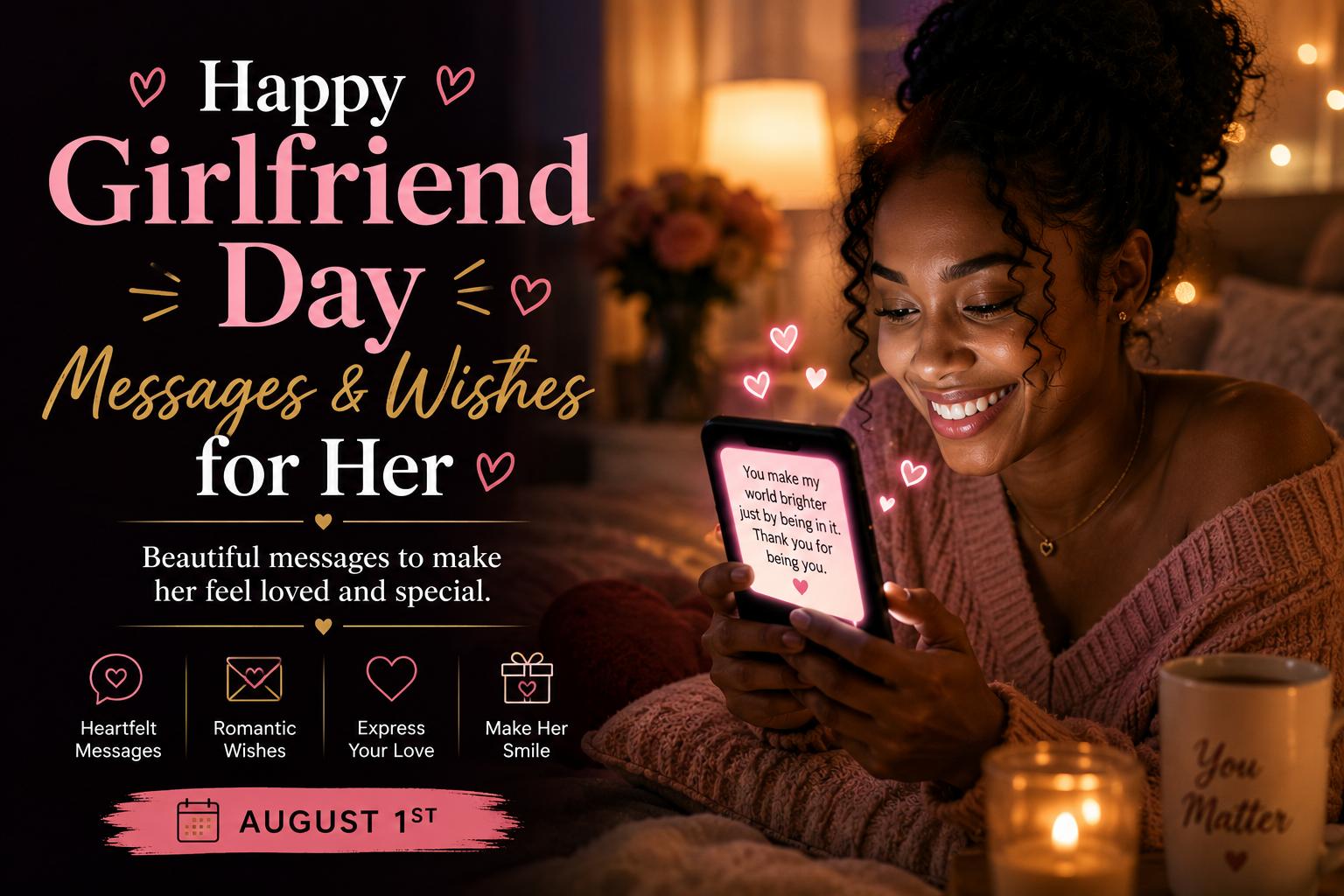 Phone screen with romantic message glowing in dim room, hands holding it, warm light on face