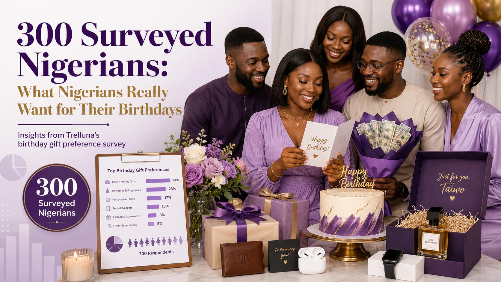 Five smiling Nigerian adults celebrate a birthday around a table filled with a cake, wrapped gifts, flowers, perfume, gadgets and a money bouquet, alongside the headline “300 Surveyed Nigerians: What Nigerians Really Want for Their Birthdays.”