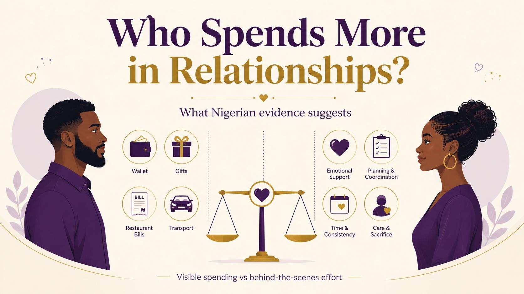 Illustration of a Nigerian man and woman beside a balance scale comparing visible financial spending with emotional support, planning and care in relationships.