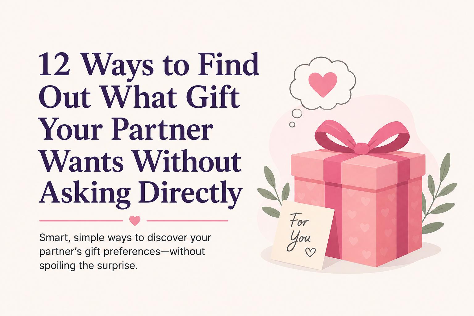 Pink gift box with a heart thought bubble, representing subtle ways to discover a partner’s gift preferences without asking directly.