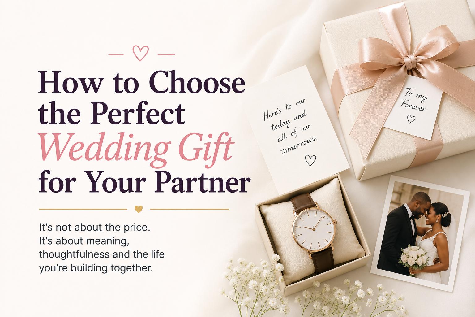 Elegant wedding gift arrangement with a wrapped present, handwritten note, wristwatch and wedding photo, representing a meaningful and personal gift for a partner.