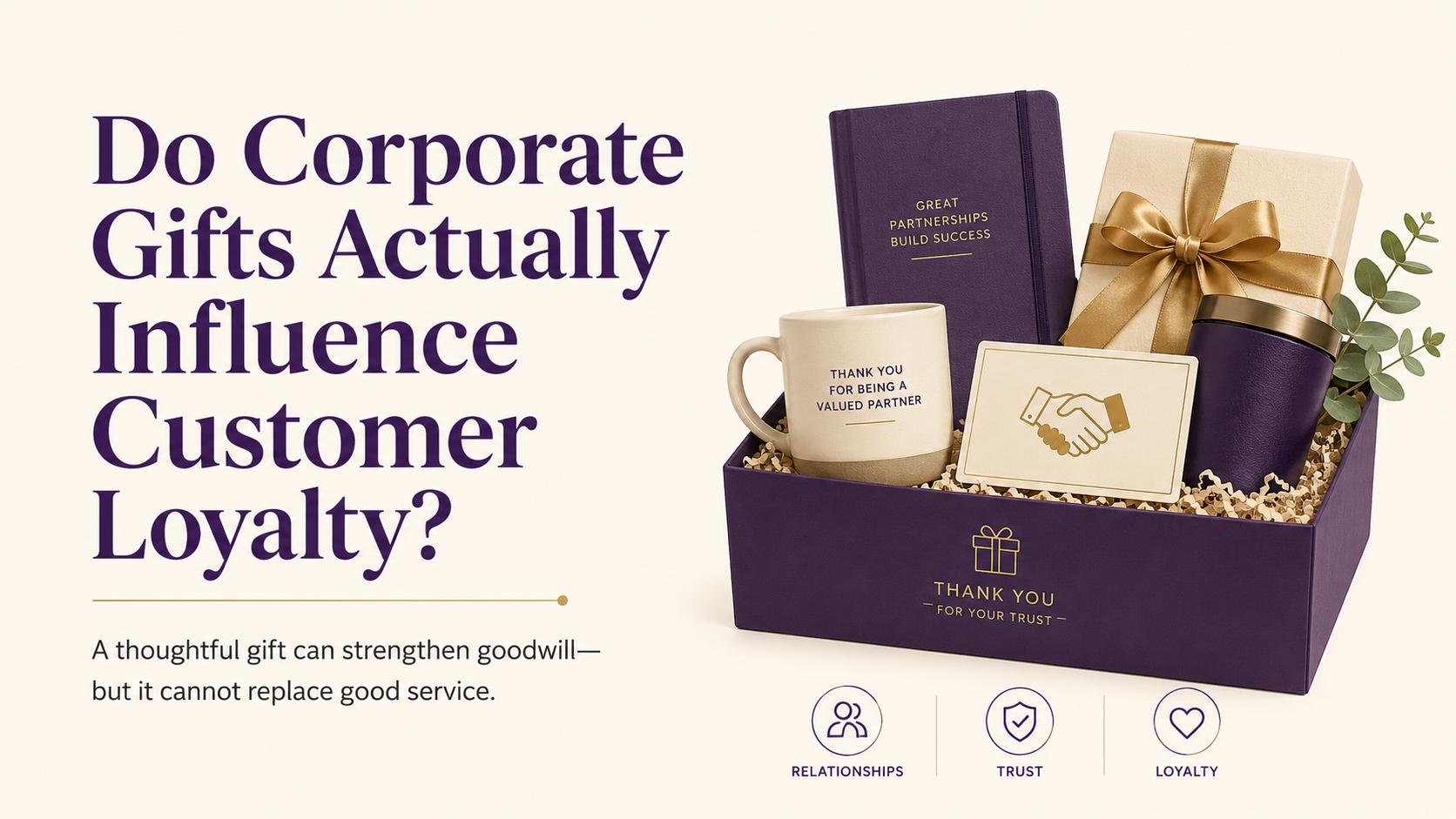 Purple corporate gift box containing a notebook, mug, tumbler and thank-you card, representing how thoughtful business gifts may strengthen customer relationships and loyalty.