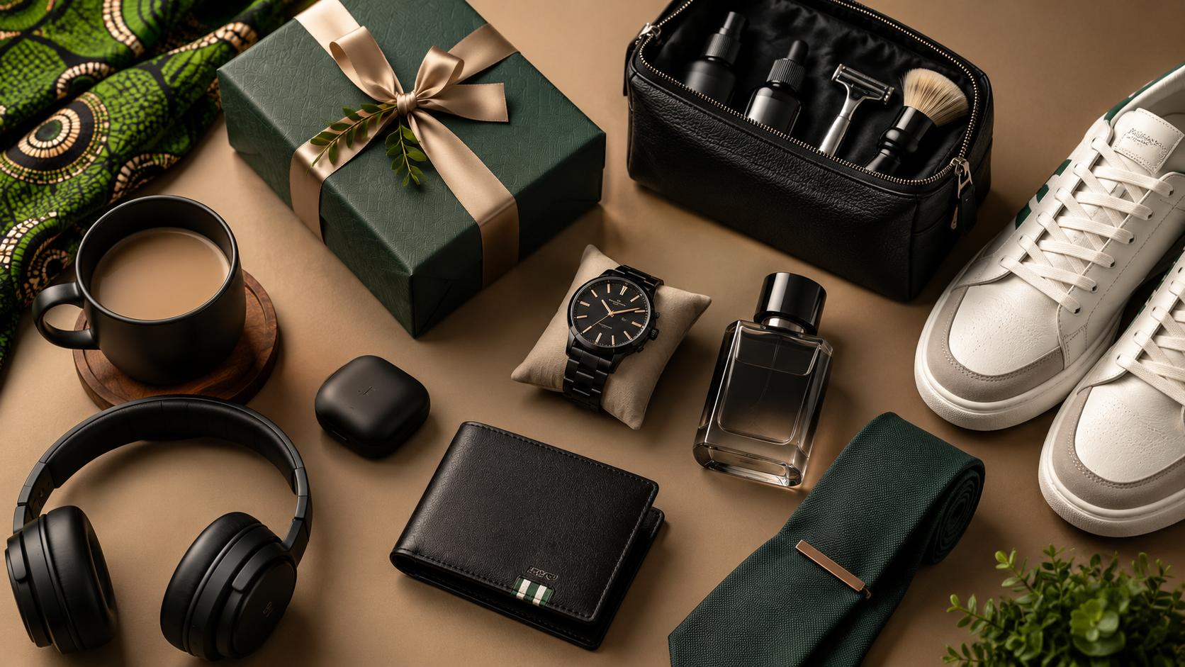 Birthday gift ideas for men in Nigeria featuring a watch, perfume, wallet, sneakers, headphones and a wrapped gift box.