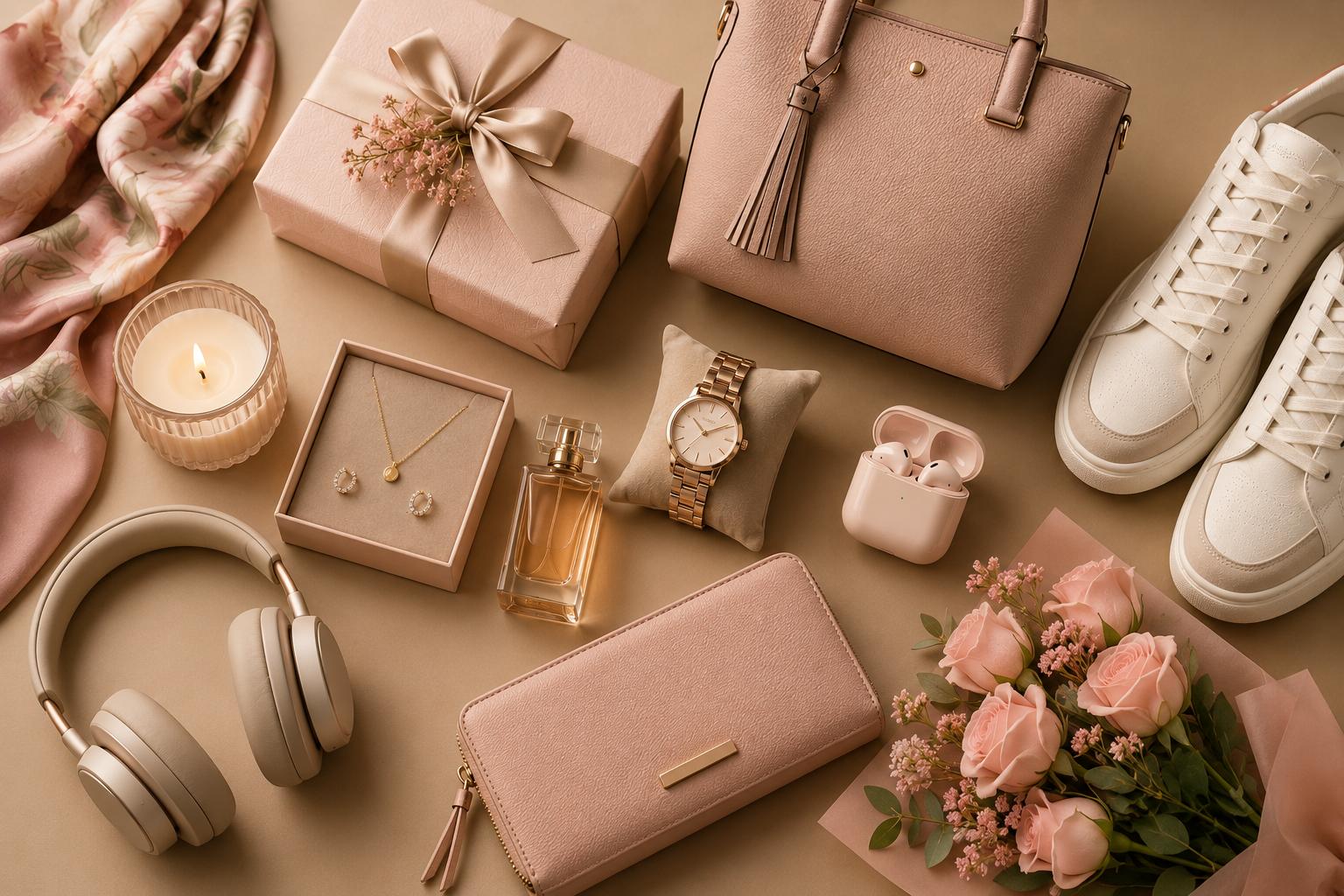 Birthday gift ideas for women in Nigeria featuring a handbag, perfume, jewellery, watch, sneakers, headphones, flowers and a wrapped gift box.