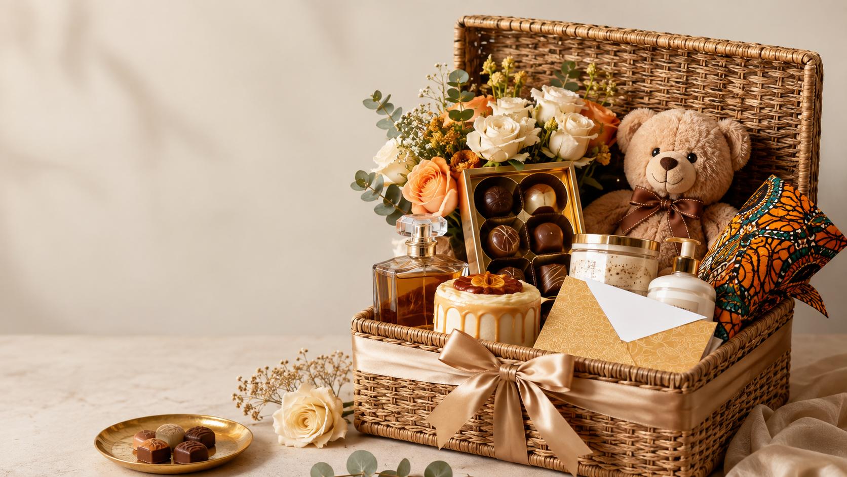 Luxury gift hamper with flowers, chocolates, perfume, cake, teddy bear and self-care items in Nigeria