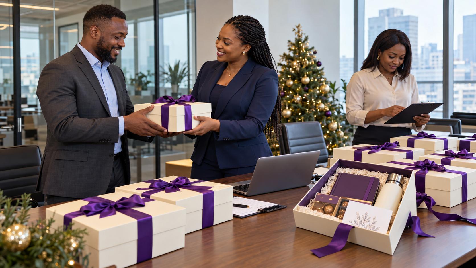 Business professionals exchanging a Christmas gift in an office, with purple-ribbon gift boxes arranged on a conference table.