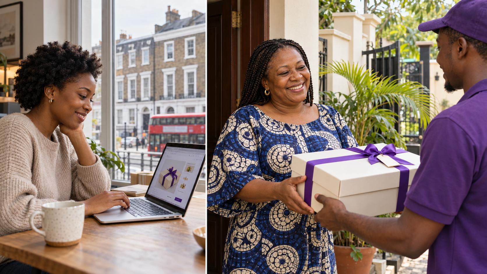 A split-scene image showing a woman shopping for a gift online in London and a delighted recipient accepting a gift box from a delivery worker in Lagos. Purple packaging details reflect Trelluna’s brand colour.