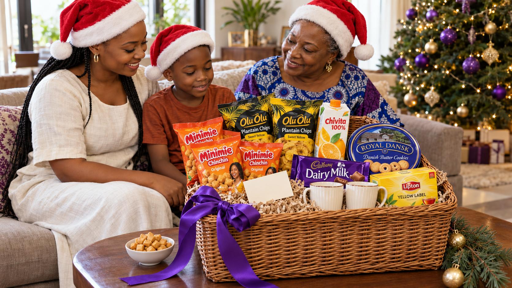 Three family members wearing Christmas hats sit beside a wicker hamper containing Minimie chin chin, Olu Olu plantain chips, Royal Dansk biscuits, Cadbury chocolate, Lipton tea, Chivita juice and two mugs. A purple ribbon and decorated Christmas tree complete the festive setting.