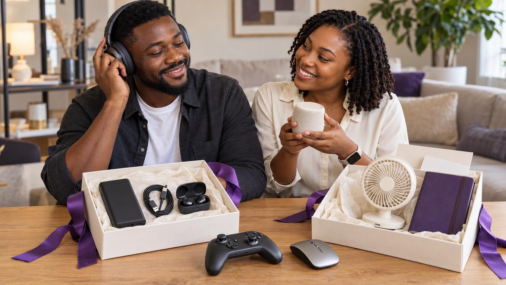 A man and woman enjoying tech gifts beside ivory gift boxes with purple ribbons. The selection includes headphones, a Bluetooth speaker, earbuds, a power bank, a rechargeable fan, a smartwatch, a gaming controller and a wireless mouse.