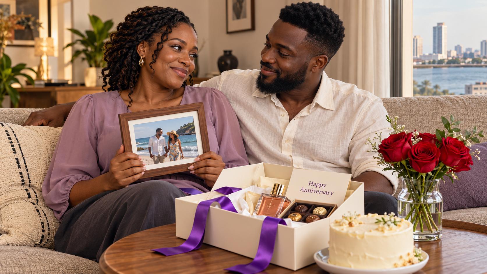 A couple sharing an anniversary moment at home while holding a framed holiday photograph. An ivory gift box with purple ribbons contains perfume, chocolates and a Happy Anniversary card, with red roses and a cake beside it.