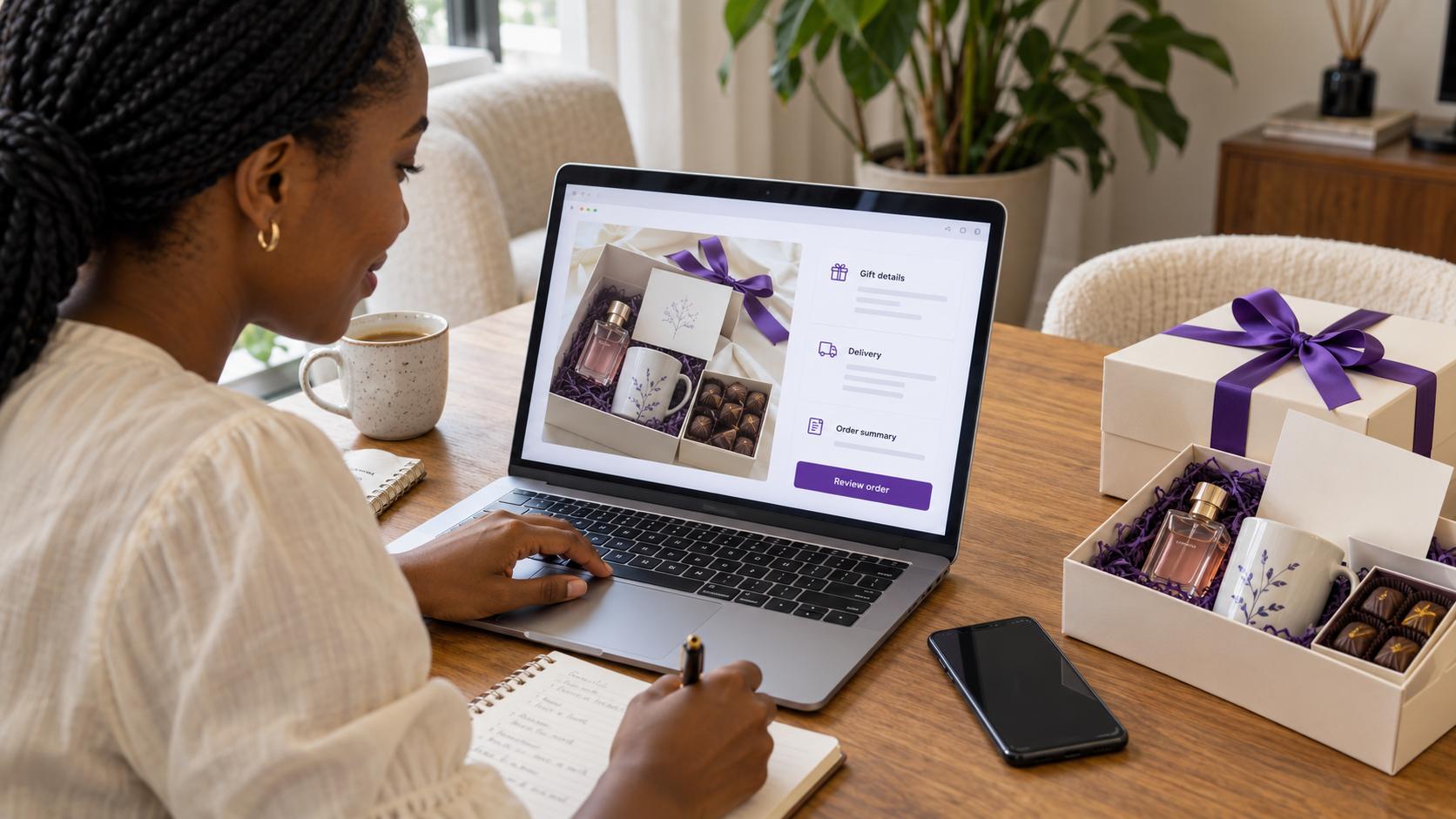 A woman reviews an online gift order on her laptop while taking notes. Ivory gift boxes with purple ribbons, perfume, a floral mug and chocolates sit beside her, illustrating the details to check before payment.