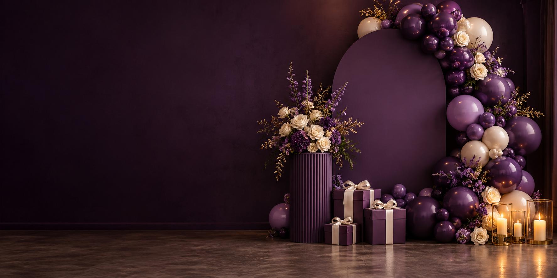 Purple and ivory balloon arch with roses, ribbon-wrapped gifts and warm candlelight against a deep purple backdrop.
