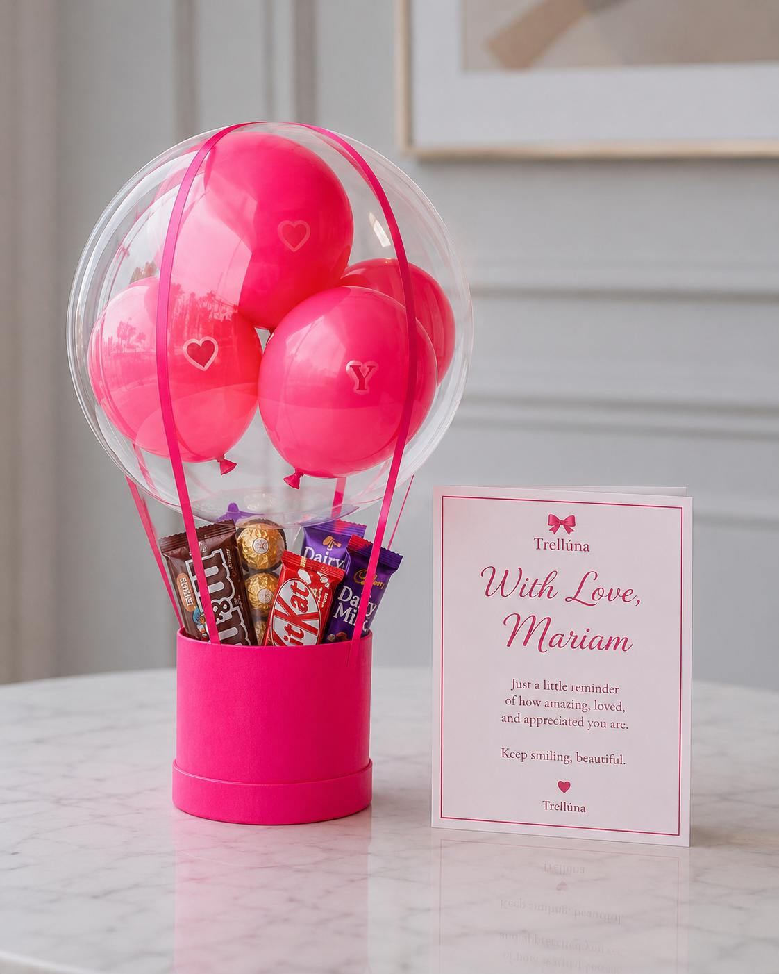 Trelluna hot air balloon treats gift package with assorted treats and customized card