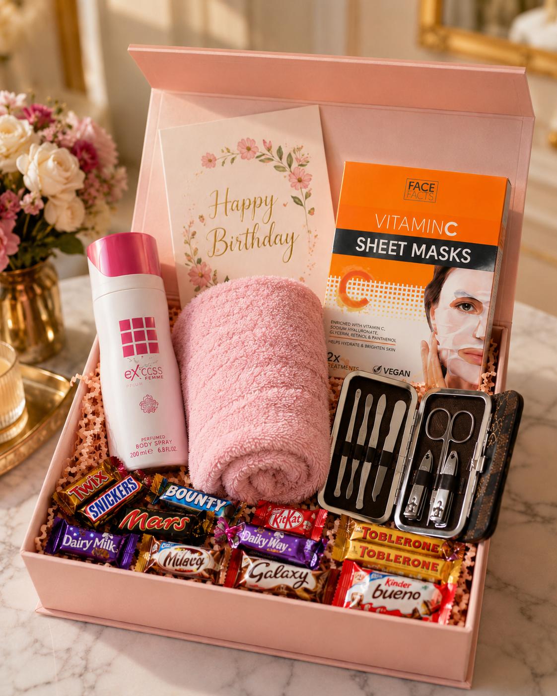 For Her Gift Box with Body Spray, Face Sheet, Chocolate, Manicure Set and Fluffy Towel, Card and Decor Box