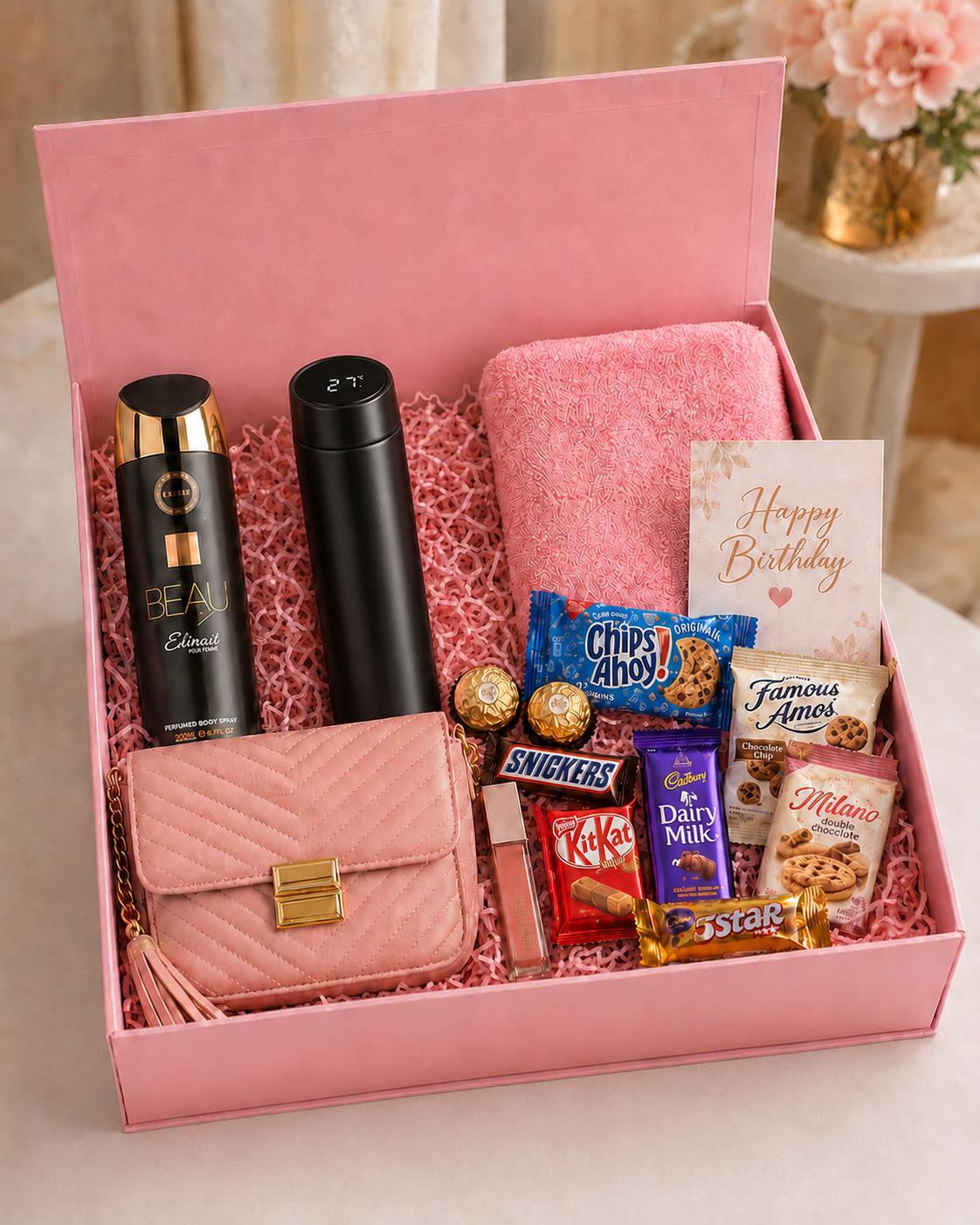 Trelluna For Her gift box with purse, lip gloss, body spray, fluffy towel, customized flasks, chocolate, cookies, card and decor box