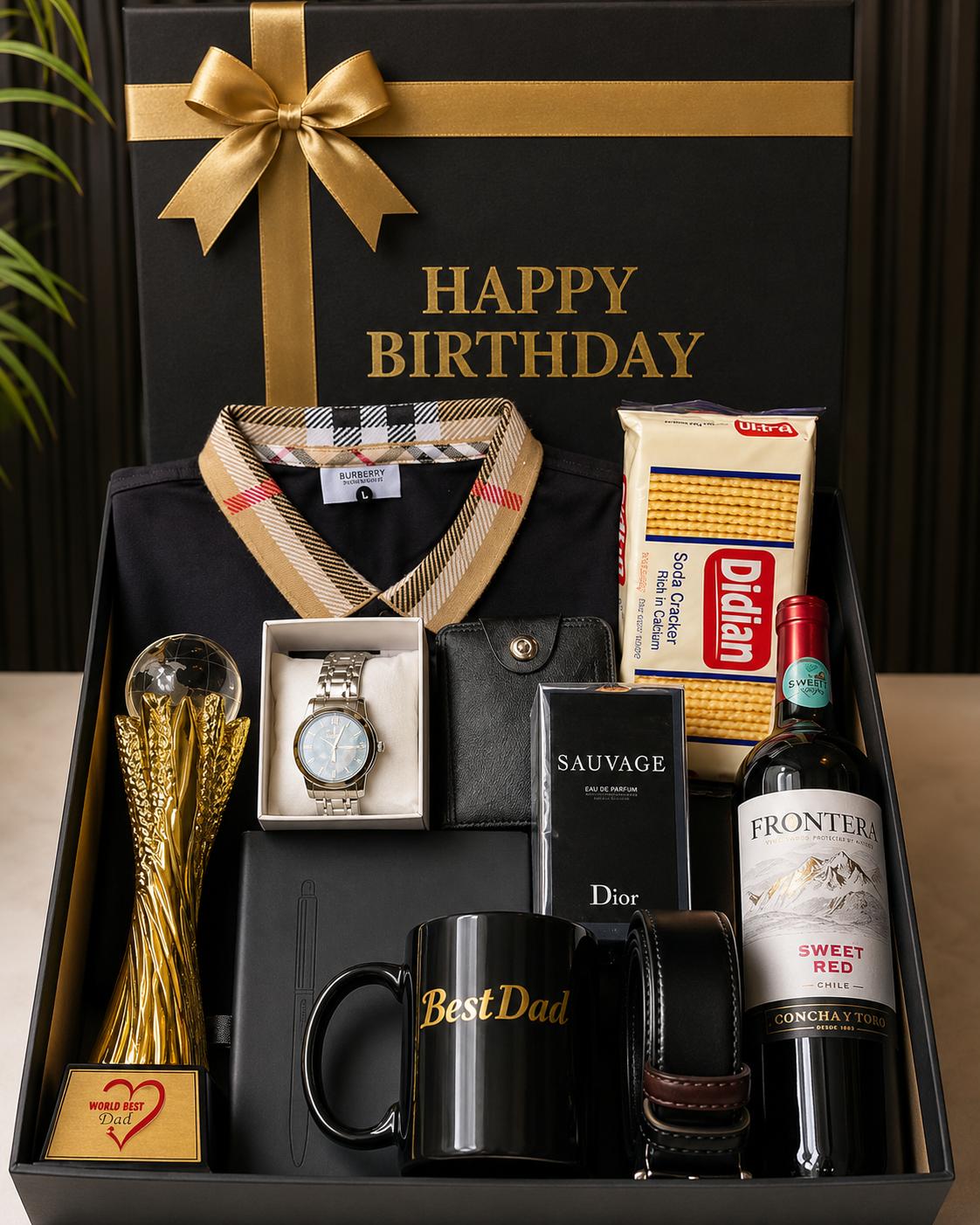 Trelluna For Him gift box with polo, award, perfume, wristwatch, belt, wallet, customized mug, customized journal, crackers, sparkling drink and decor box