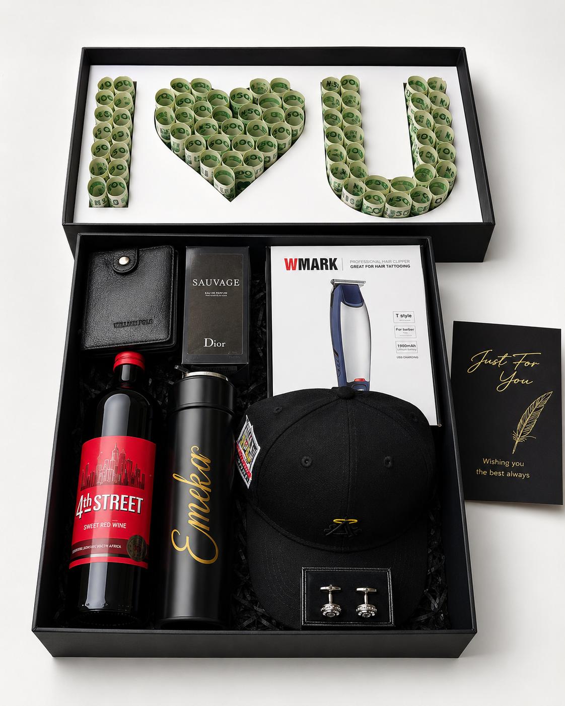 Trelluna For Him I Love You money box gift package with wallet, clipper, perfume, customized flasks, cap, cufflinks, wine, card and decor box