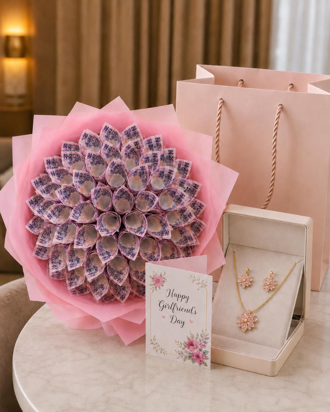 Trelluna For Her ₦10,000 money bouquet with necklace, earrings, customized card and gift bag