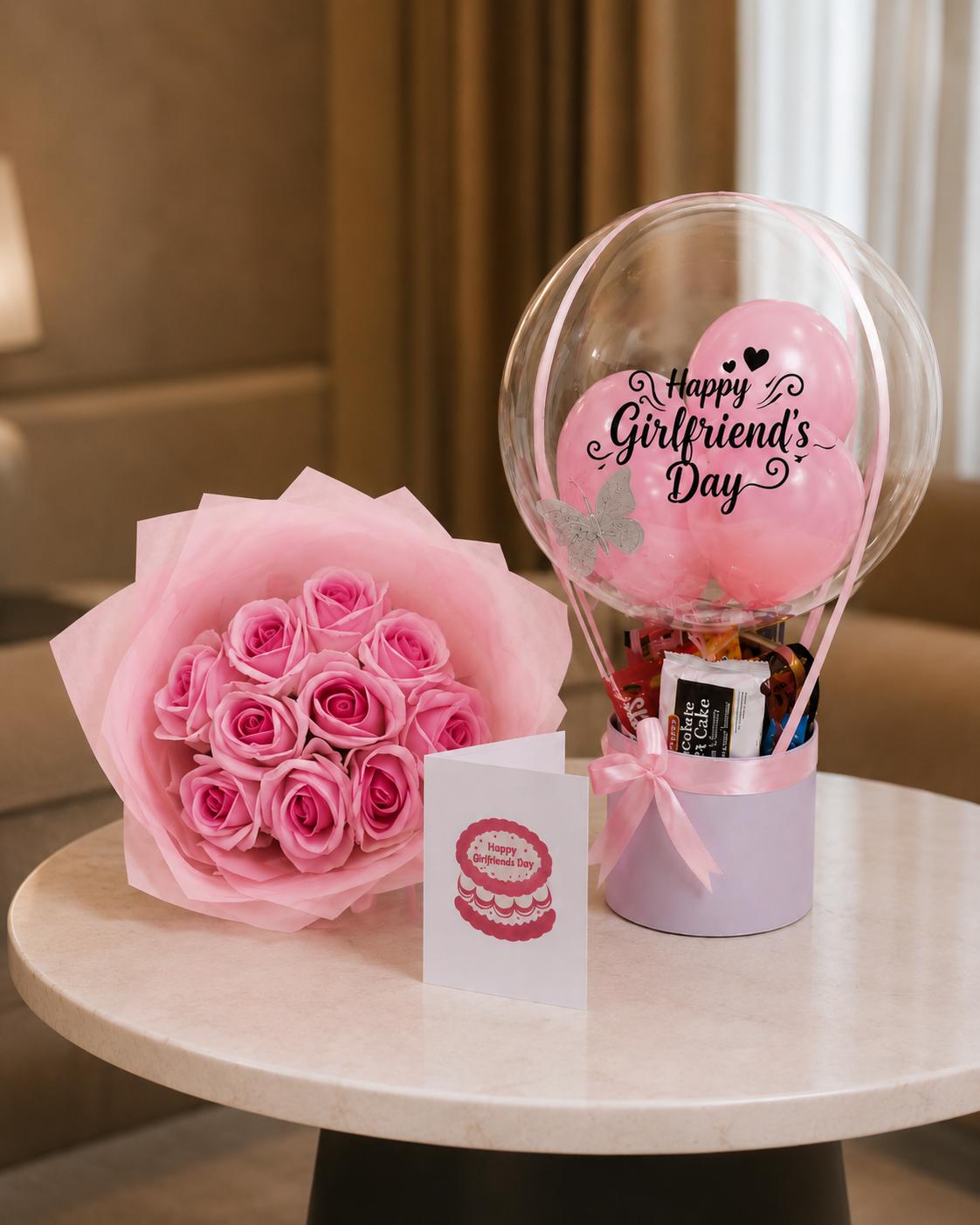 Trelluna For Her hot air balloon treats package with flower bouquet and customized card