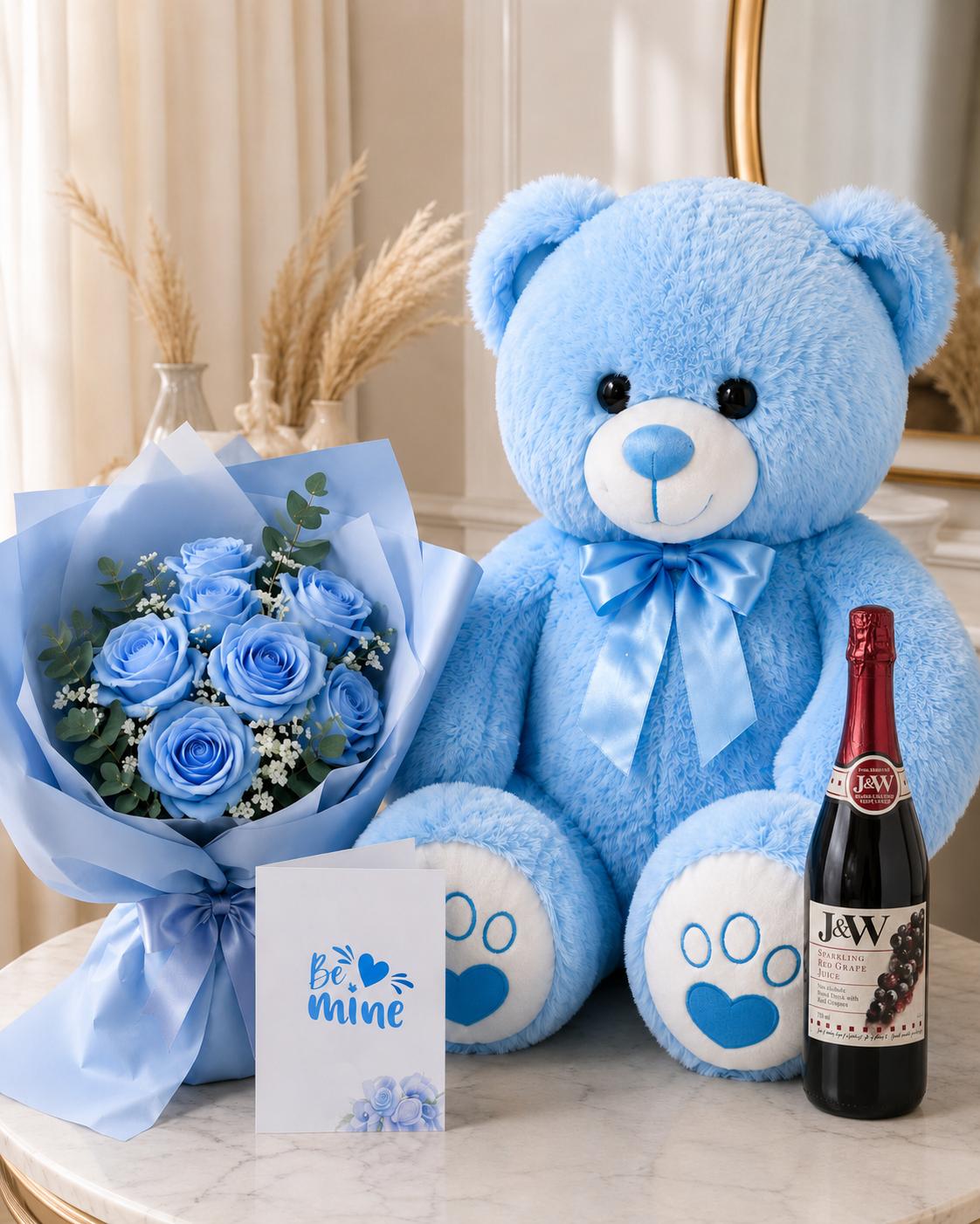 Trelluna For Her gift package with a 100cm teddy bear, flower bouquet, card and non-alcoholic sparkling drink