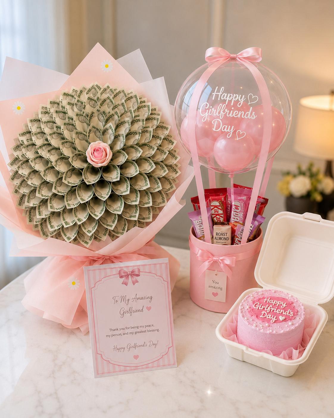Trelluna For Her ₦30,000 money bouquet with hot air balloon treats, bento cake and customized card