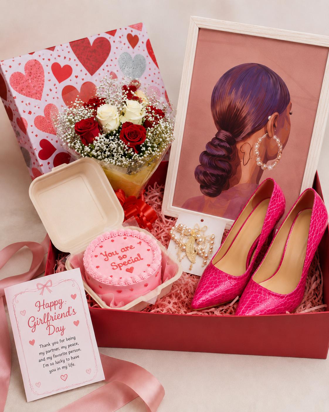 Bento Cake, Heels & Rose Bouquet Gift Box for Her