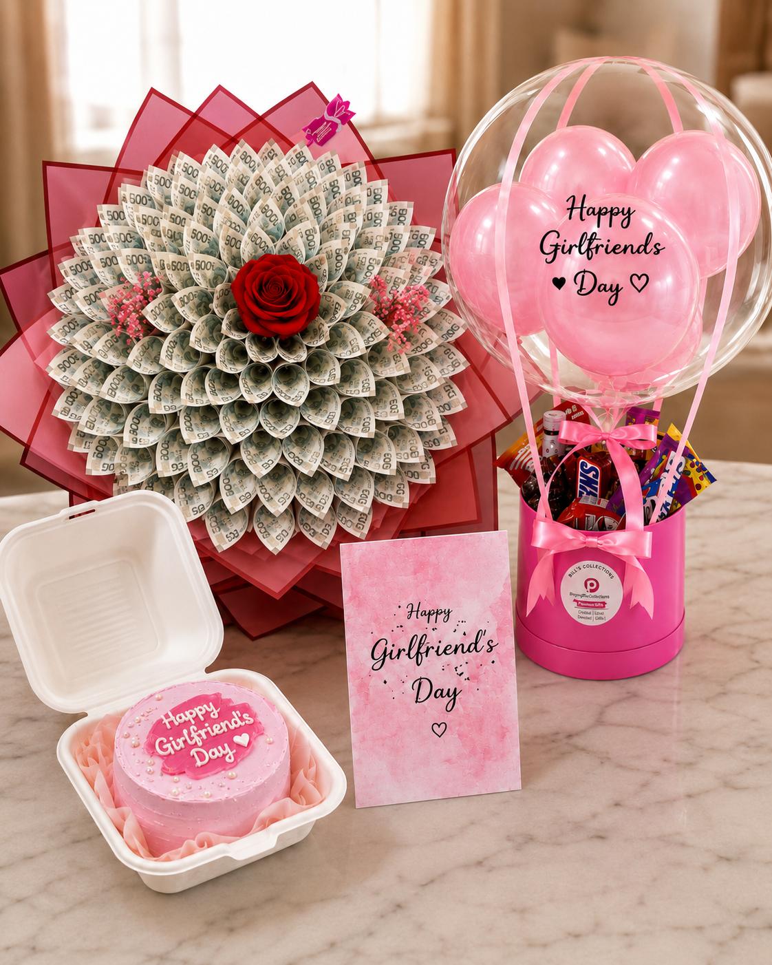 Trelluna For Her ₦50,000 money bouquet with hot air balloon treats, bento cake and customized card