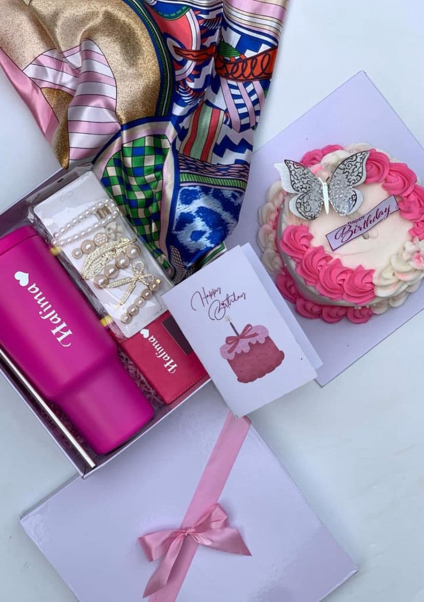 Trelluna For Her gift box with cake, vintage scarf, hair clip set, customized sippy cup, card and decor box