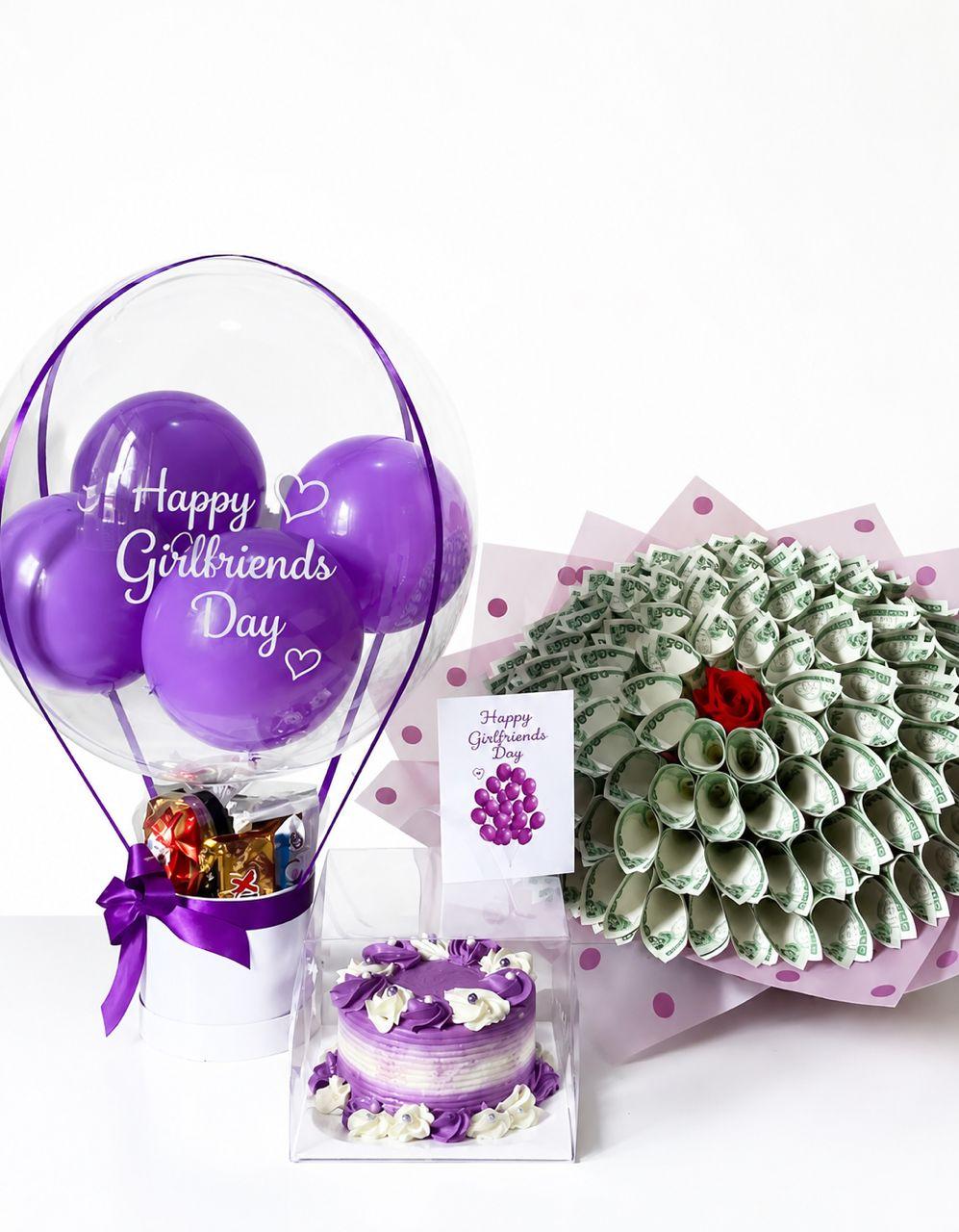 Trelluna For Her money bouquet with cake, hot air balloon treats and customized card