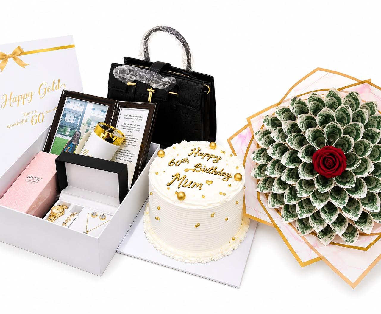 Luxury gift package for her with tall cake, ₦50,000 money bouquet, handbag, table frame, customized mirror mug, jewellery set, perfume and decor box