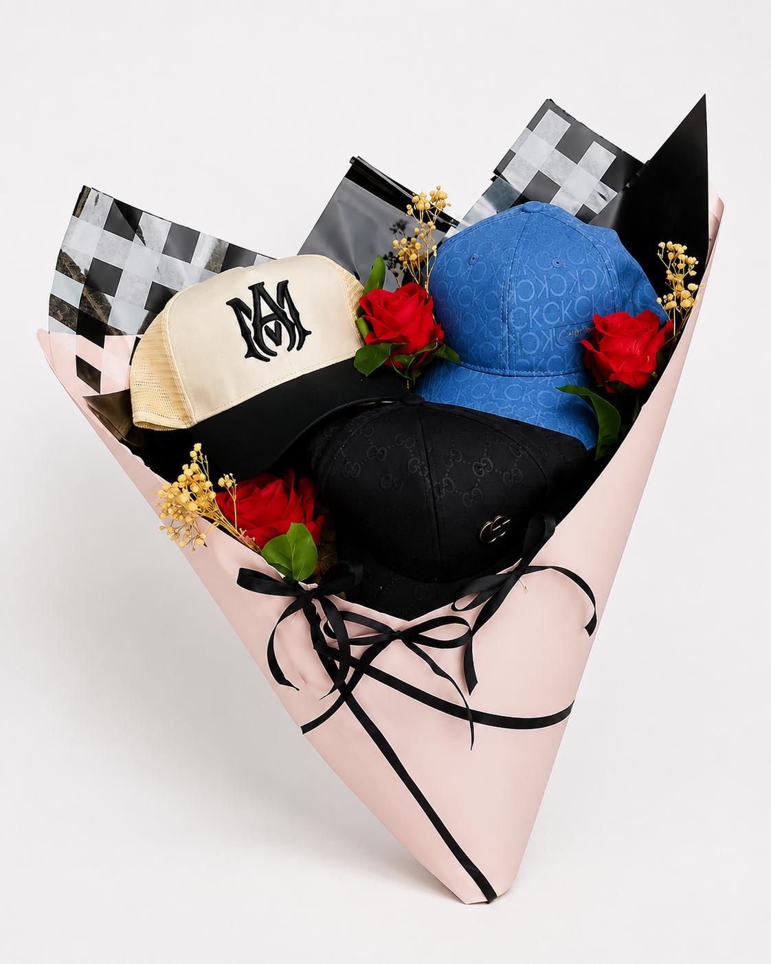 ₦68k gift set for him featuring three caps arranged with beautiful roses