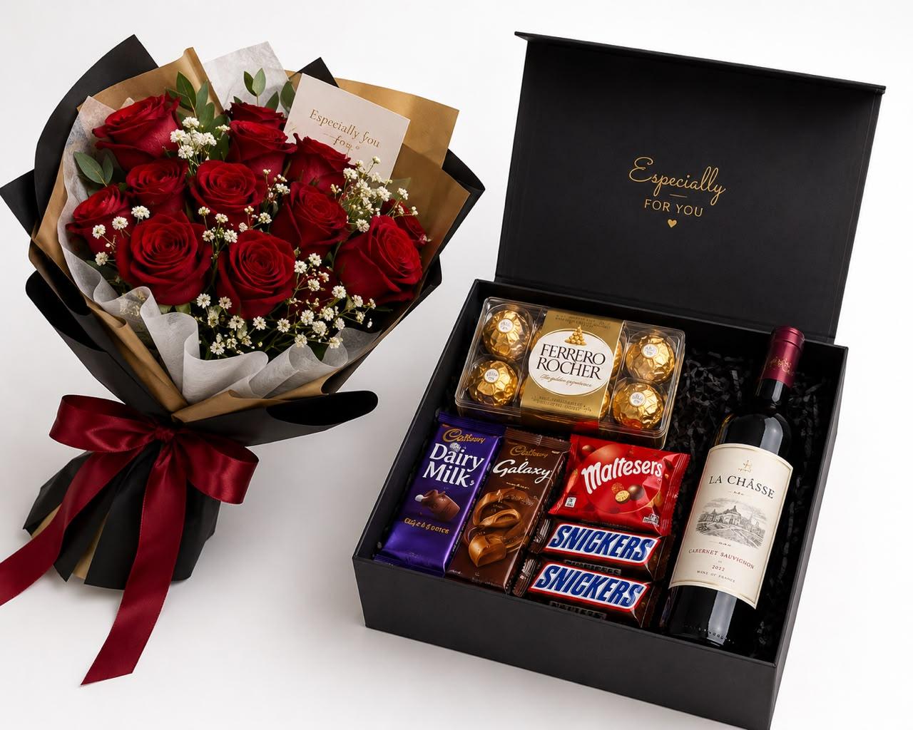Fresh Flowers, Chocolates & Wine Gift Set