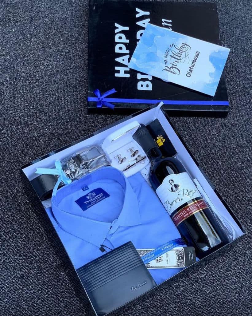 T-shirt gift set for him with belt, wallet, cufflinks, wine and card
