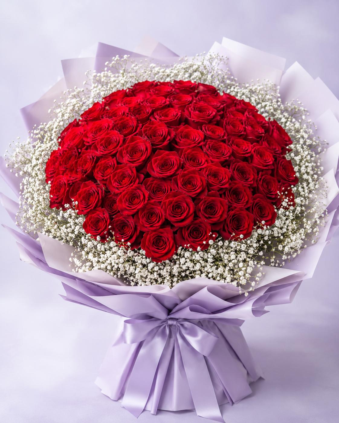 50 stems of fresh roses with Baby’s Breath flower bouquet from Trelluna