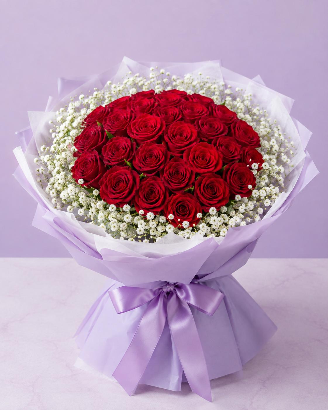25 stems fresh roses with Baby’s Breath flower bouquet from Trelluna