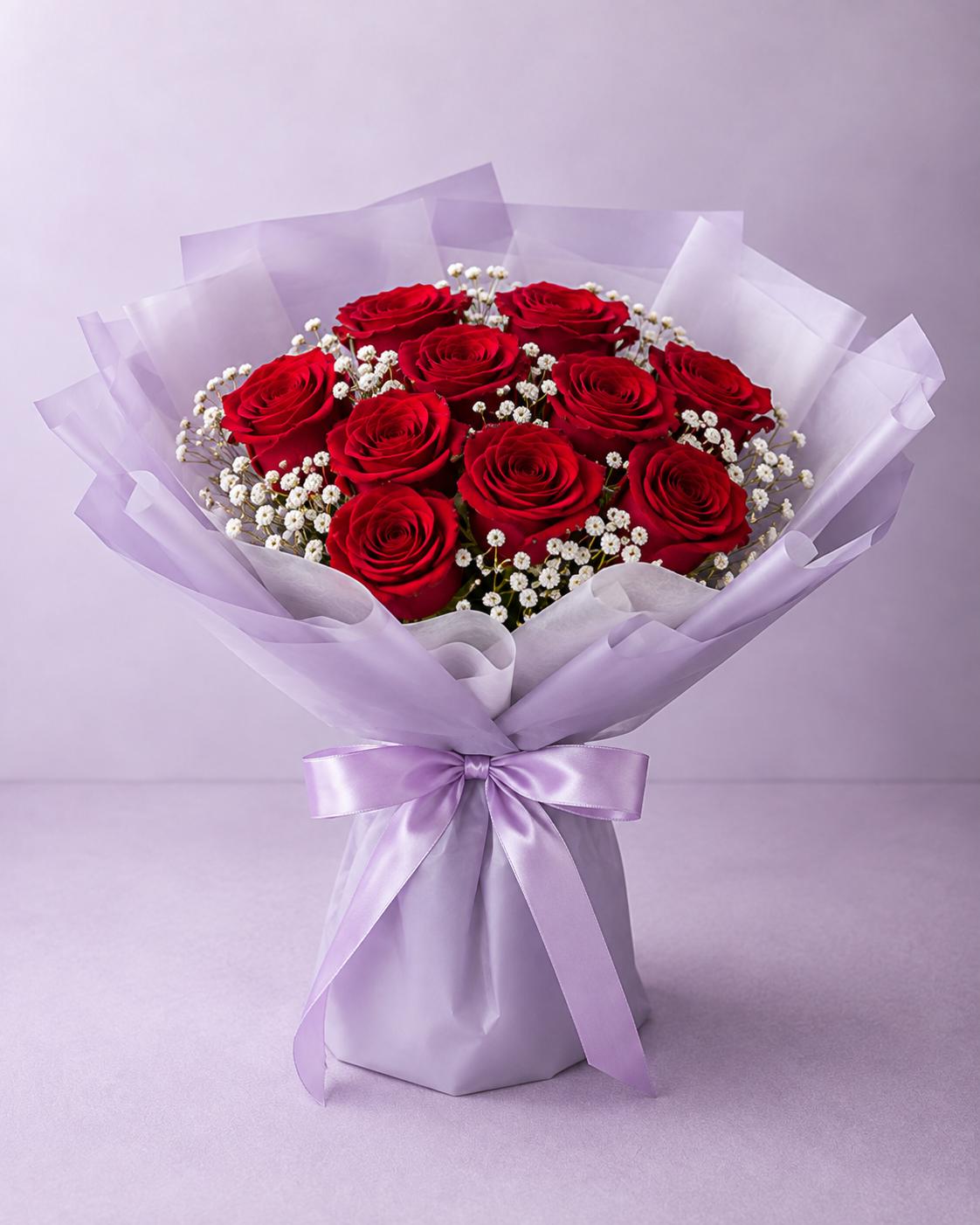 10 Stems Fresh Roses with Baby’s Breath Flower Bouquet