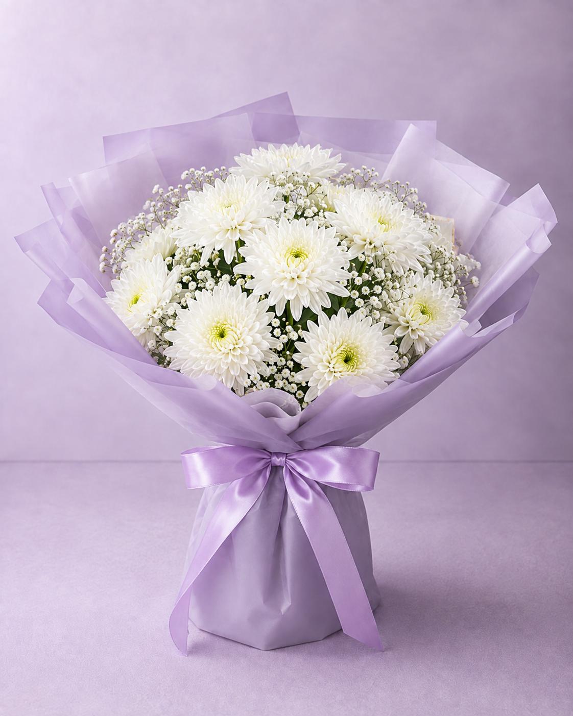 White chrysanthemum with Baby’s Breath fresh flower bouquet from Trelluna