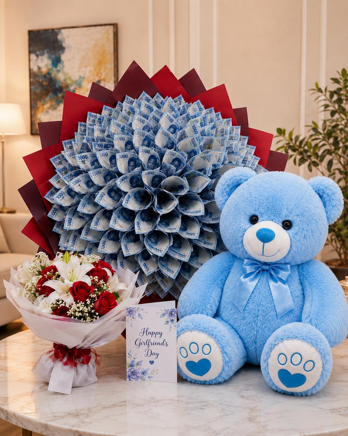 For Her ₦100,000 Money Bouquet with Faux Flower Bouquet and 80cm Teddy Bear