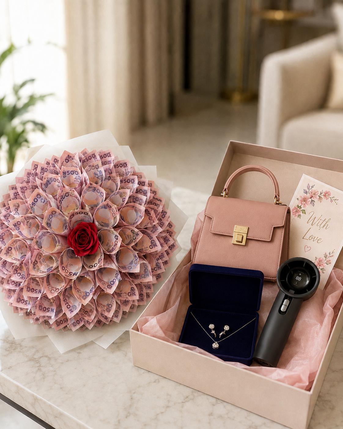 Trelluna ₦20,000 money bouquet with rose, jewelry, fashion handbag, rechargeable hand fan, card and decor box