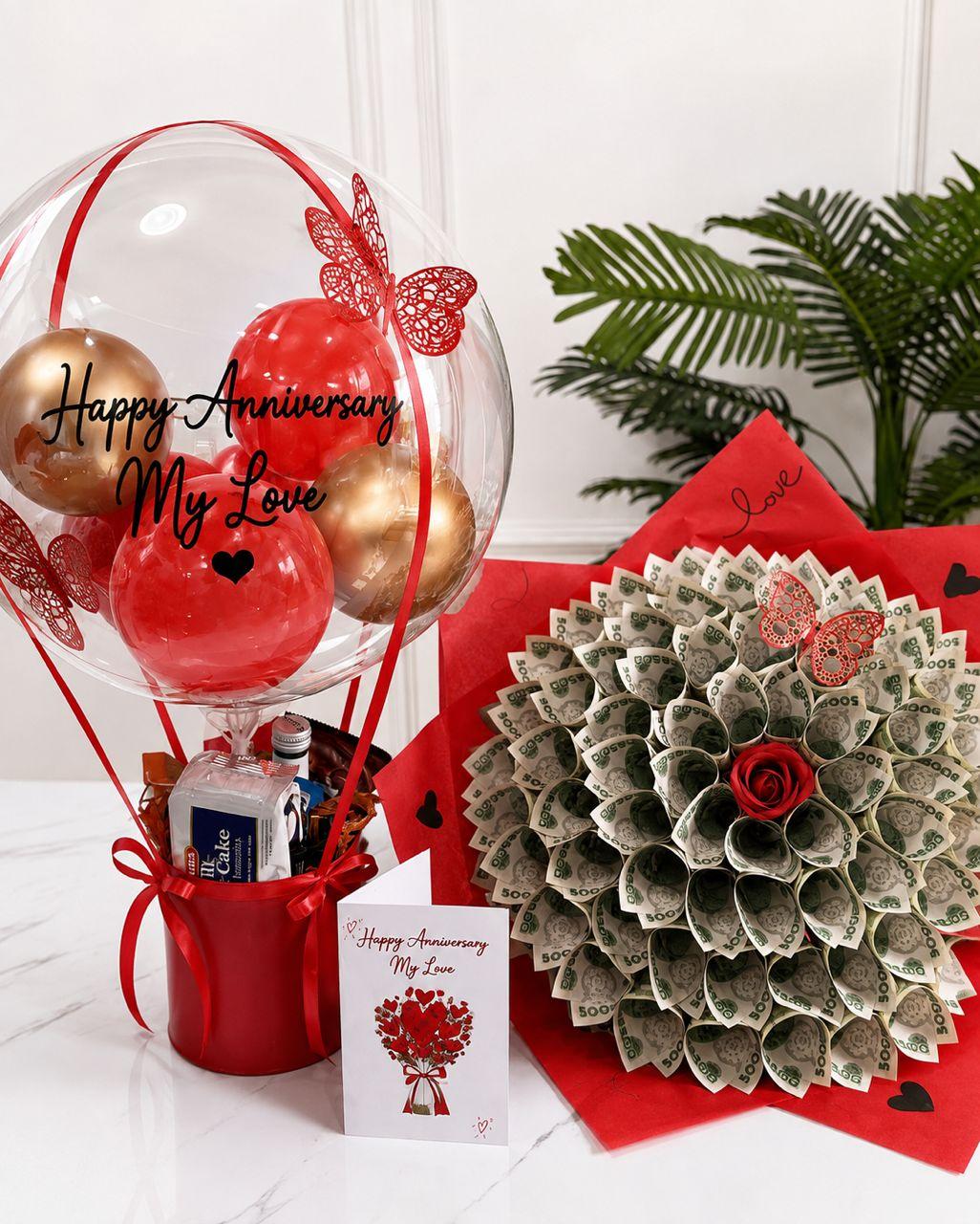 ₦50,000 money bouquet with hot air balloon treat and customized card for a special celebration