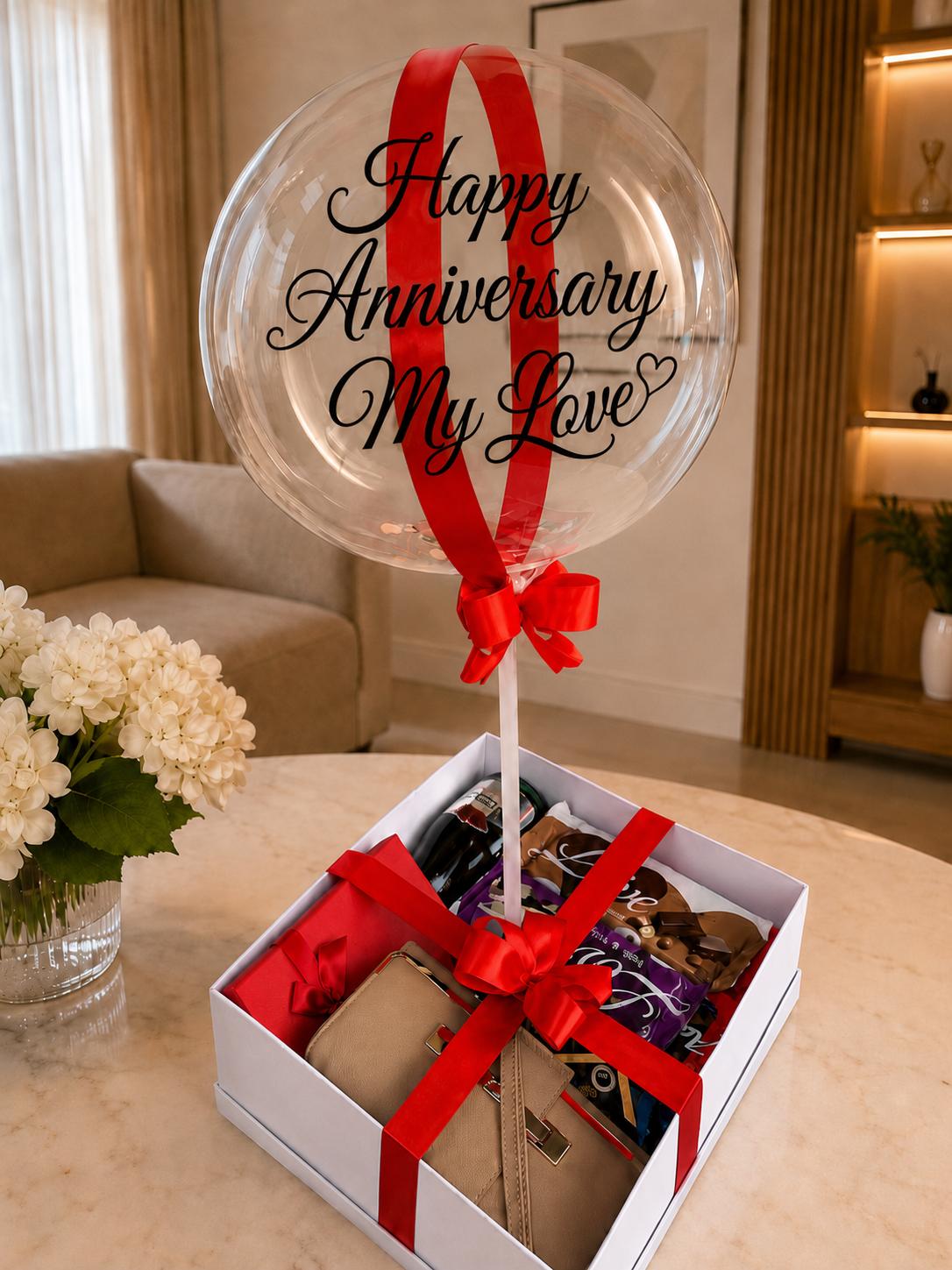 Romantic hot air balloon treat for her with chocolates, cookies, wine, purse and 10 reasons why I love you cards