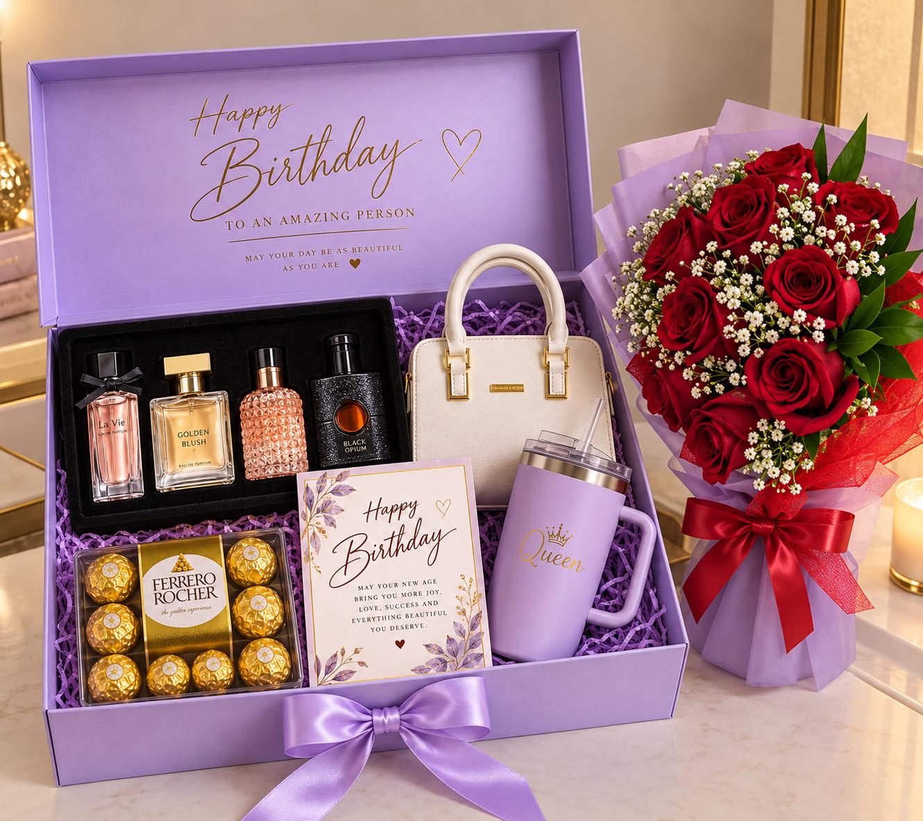 Gift set for her with fresh flowers, classic handbag, perfume set, sippy cup, chocolate, card and decor box