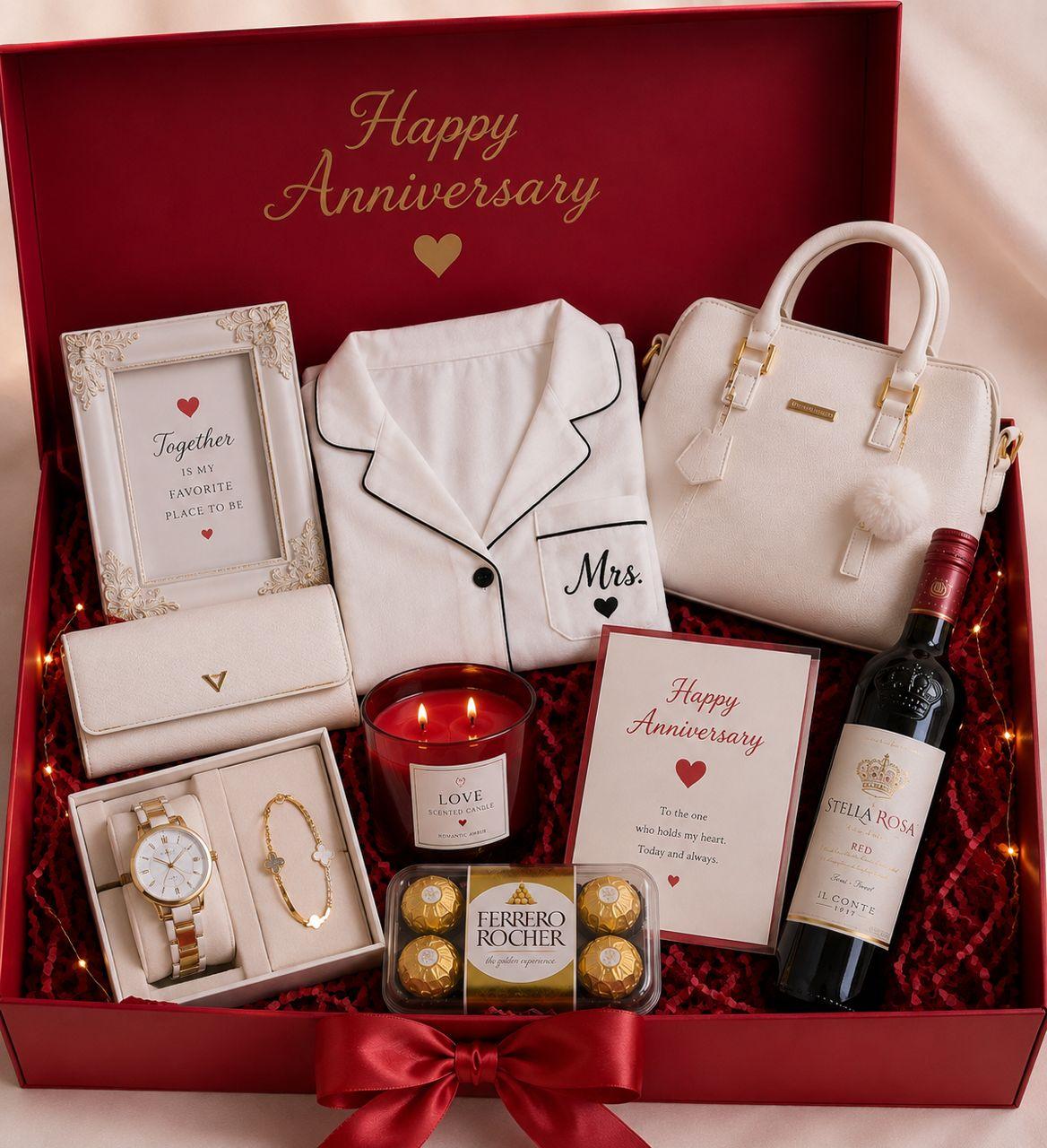 Anniversary gift set with luxury handbag, fashion wallet, wristwatch and bracelet, scented candle, pajamas, chocolate, wine and aesthetic frame