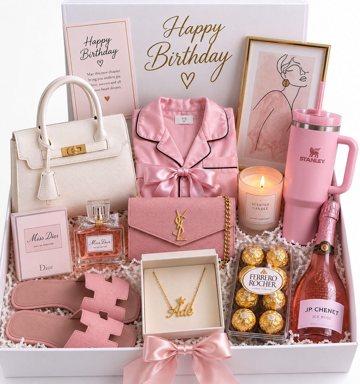 Birthday gift set for her with fashion handbag, pajamas, aesthetic frame, scented candle, Stanley sippy cup, slippers, perfume, wine, chocolate and customized necklace