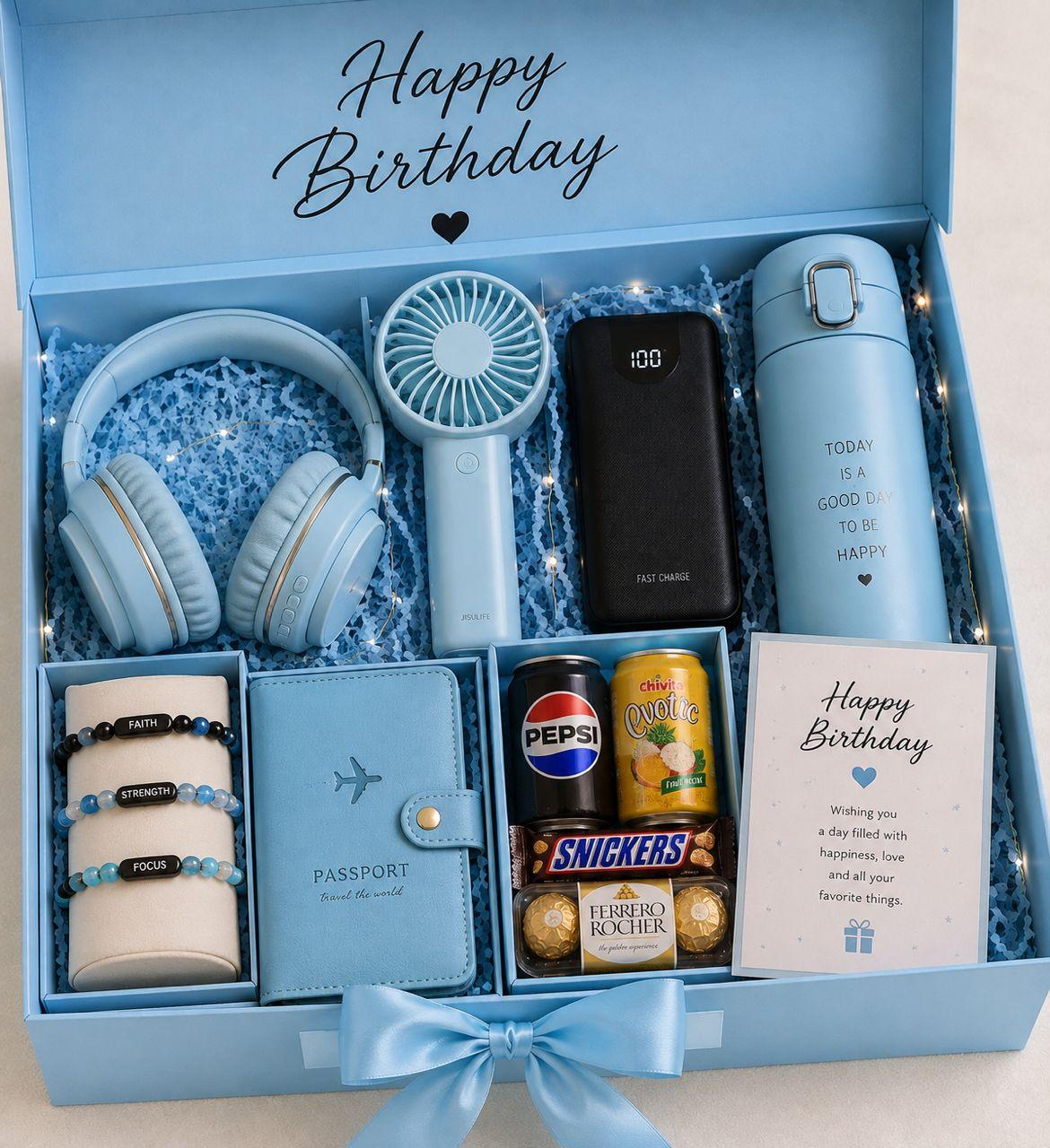 Birthday gift set with power bank, headphones, rechargeable hand fan, temperature flask, beaded bracelet, passport wallet, chocolate and birthday card